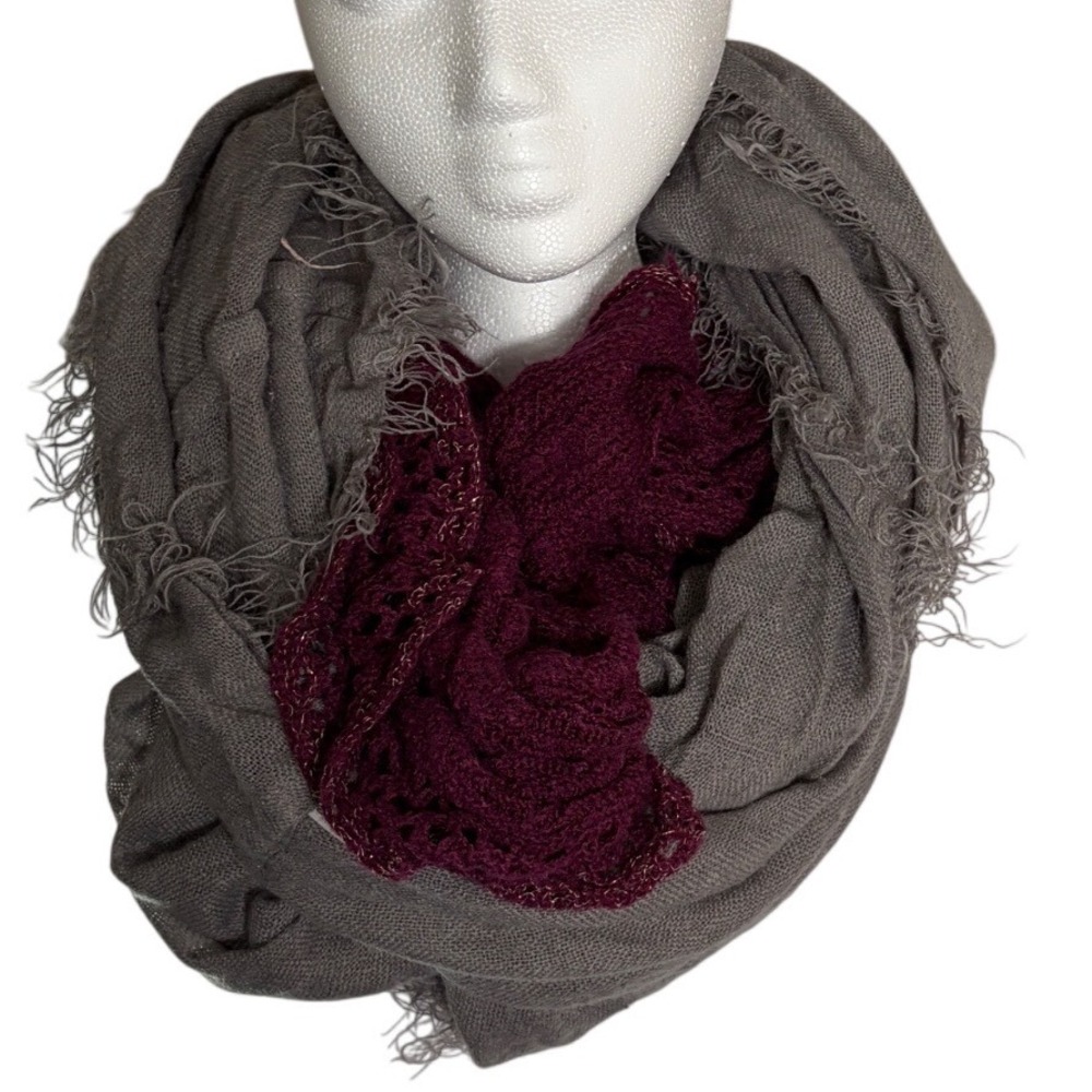 Grey and Burgundy Crochet Infinity Scarfs with Frayed Fringe and Shimmer 2scarfs